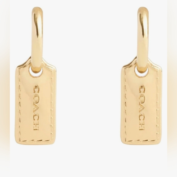 COACH Womens Gold-Tone Signature Stitched Hangtag Charm Huggies. NWT - Picture 2 of 7